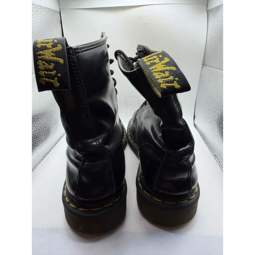Dr. Martens 1460 8 Eye Black Smooth Leather Combat Boots Yellow Stitching